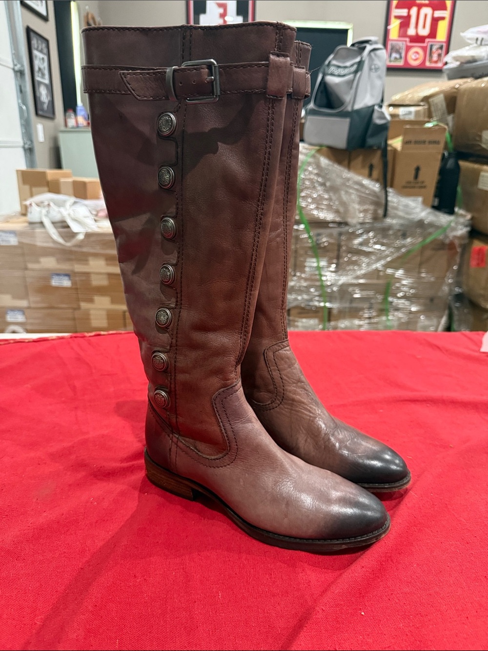 Arturo Chiang Tall Button-Detail Leather Riding Boots in Brown